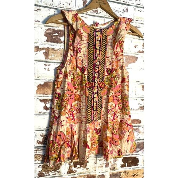 Free People "Summer In Tulum" Linen Blend Mixed Print Ruffle Sleeveless Tunic - Picture 7 of 15